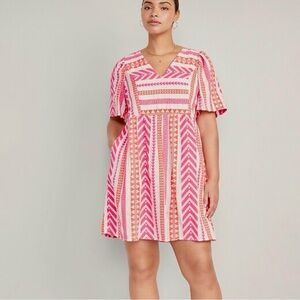Old Navy Geometric Embroidered V Neck Swing Mini Dress White Pink Size Large